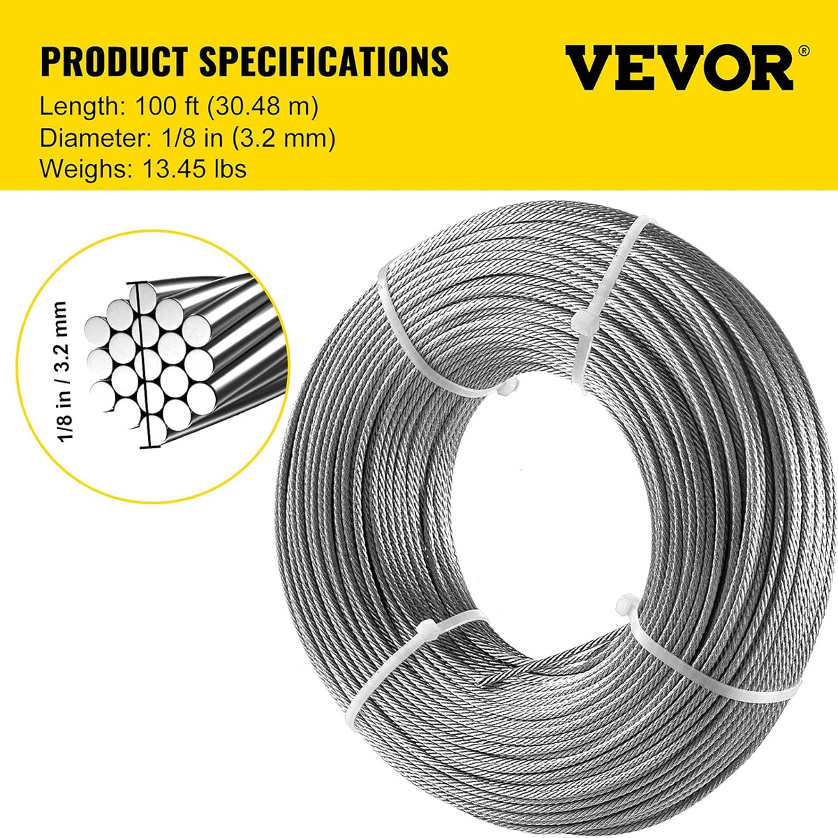 Stainless Steel 1/8"x 100ft Wire Rope 316 Marine Grade Braided Aircraft Cable D94285