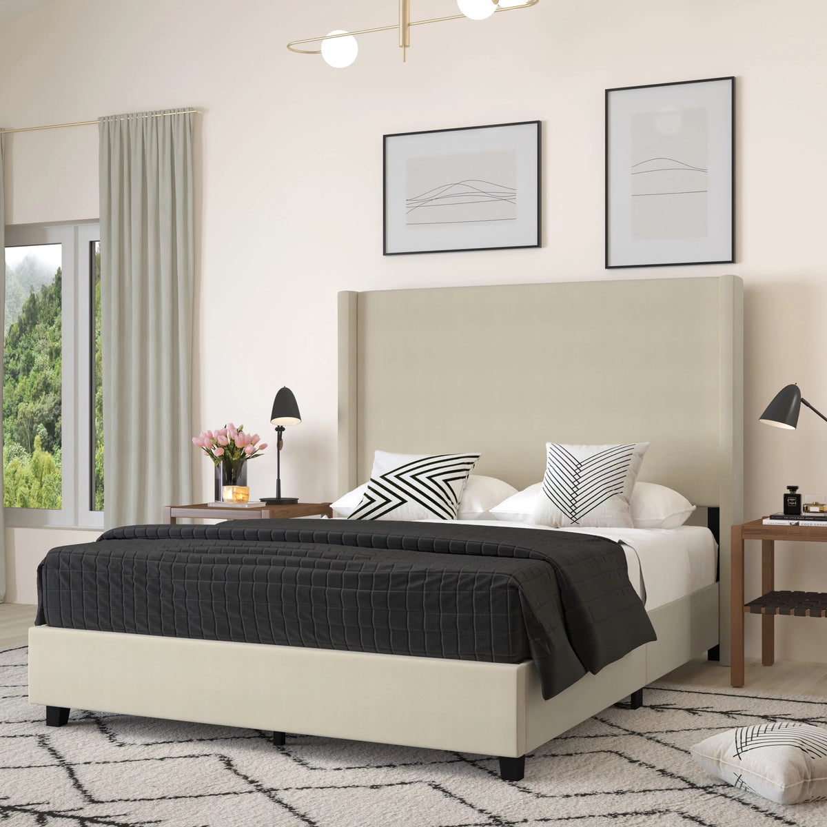 Queen Size Beige Faux Linen Upholstered Platform Bed Frame D991951