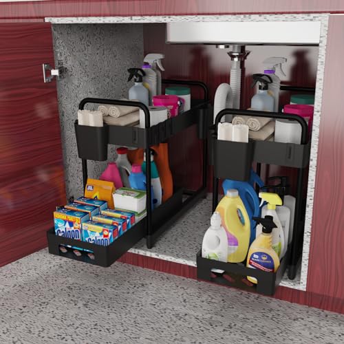 2 Pack Black 2 Tier Sliding Under Sink Shelf with 4 Hooks and Cup Slot I171