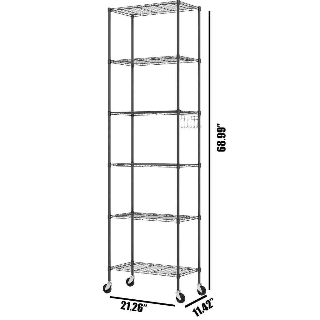 6 Shelves Wire Metal Heavy Duty Shelving Rack with Wheel, Silver Z688811