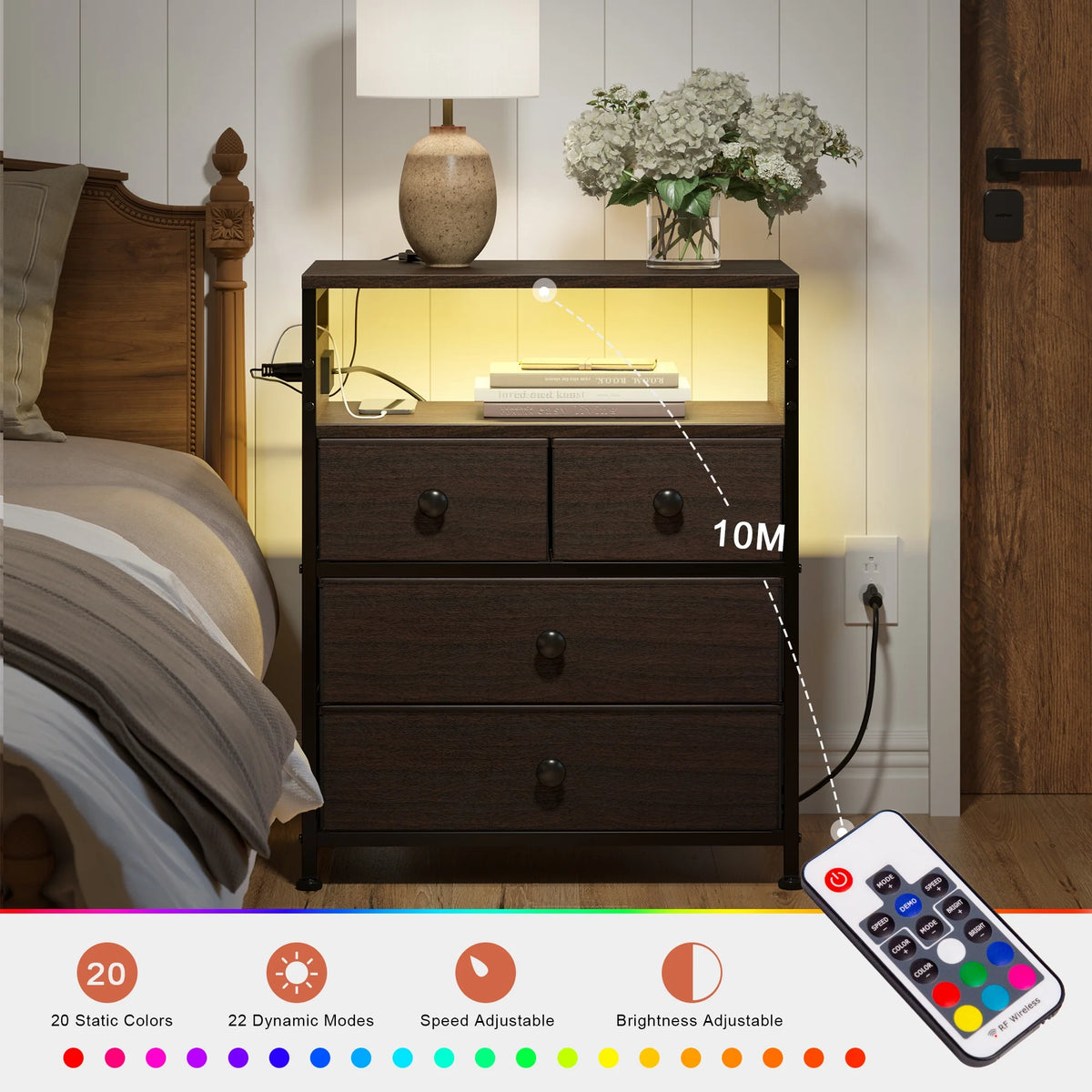 Brown 4 Drawer Nightstand with Charging Station and Led Lights V170125