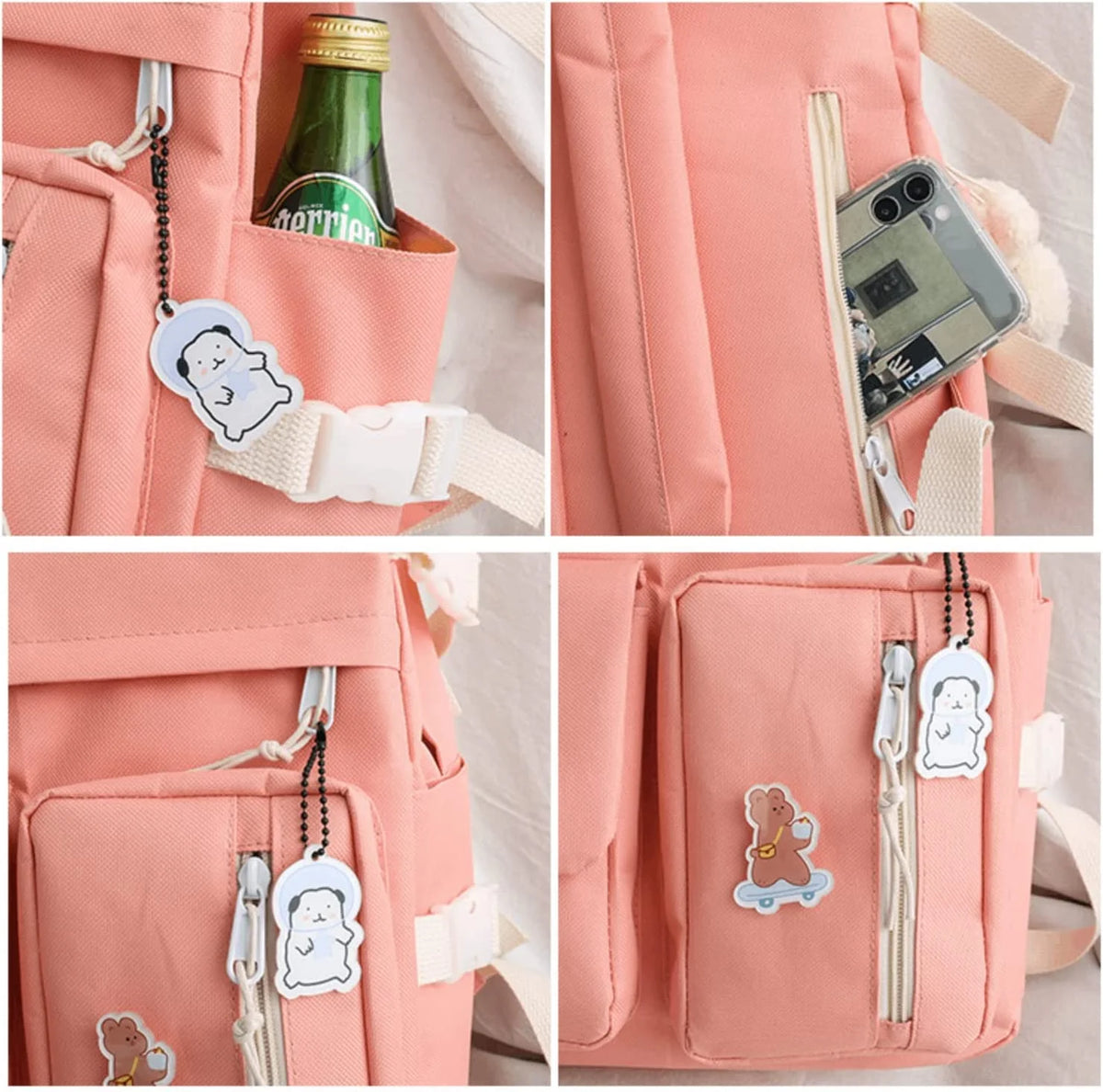 5Pcs Backpacks Combo Set with Bear Pendant & Pins Z438