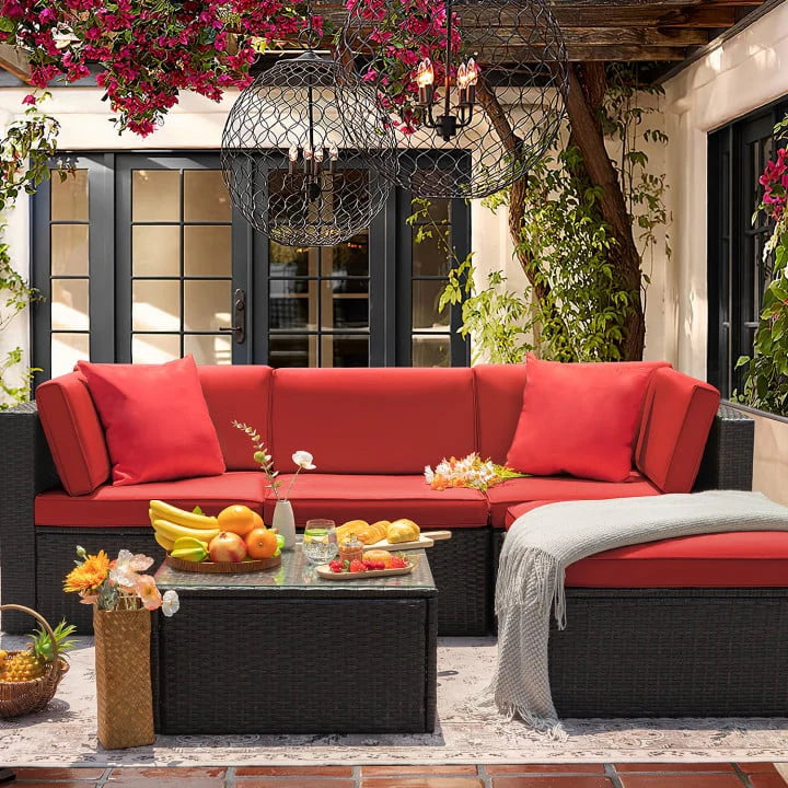 5 Pieces PE Rattan Wicker Patio Sectional Set with Table K327236