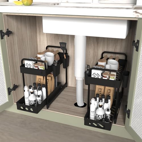 2 Pack Black 2 Tier Sliding Under Sink Shelf with 4 Hooks and Cup Slot I171