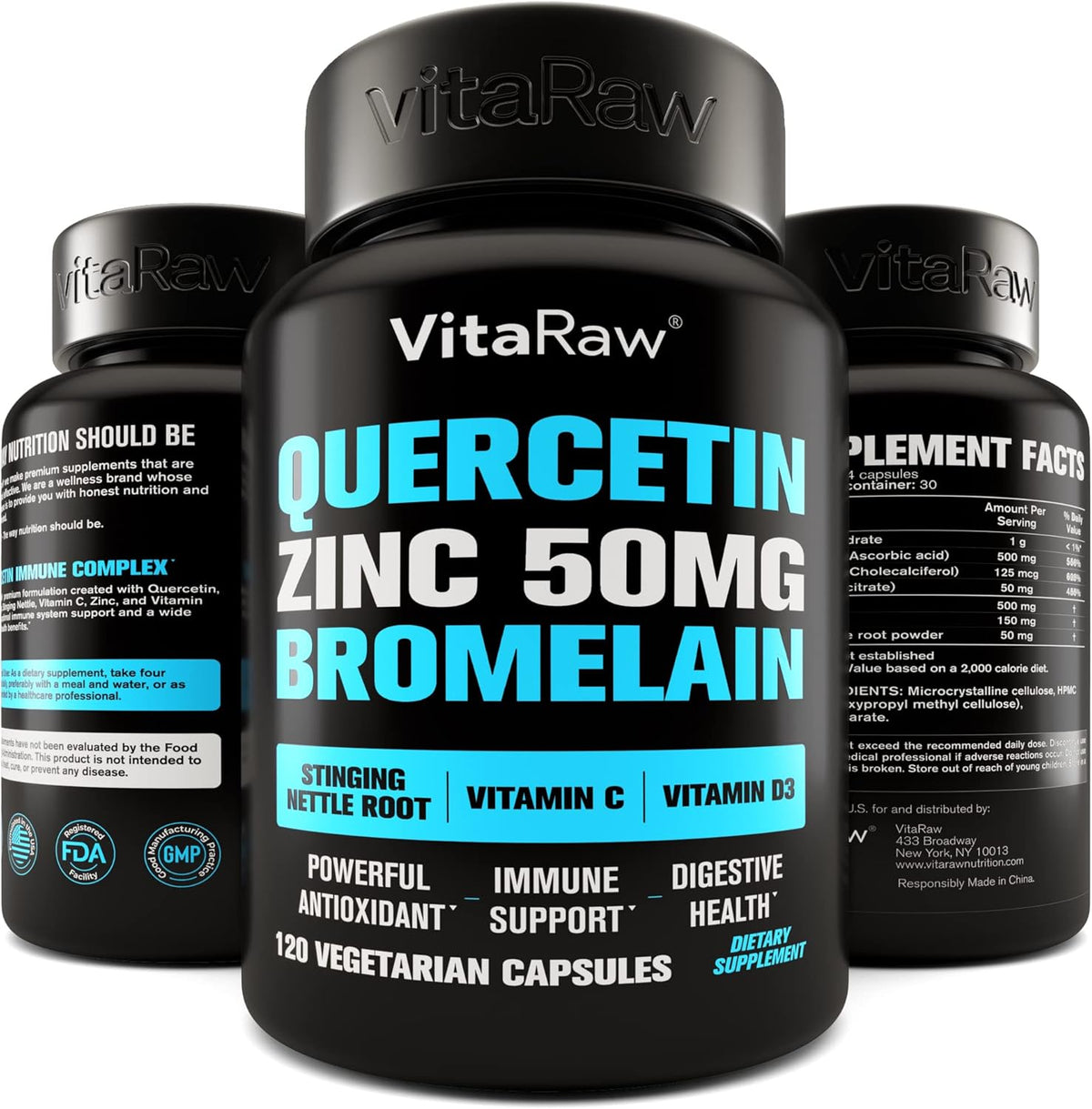 Quercetin with Bromelain 500mg Capsules, Vitamin C, Zinc 50mg, Vitamin D3 5000 IU Q4196