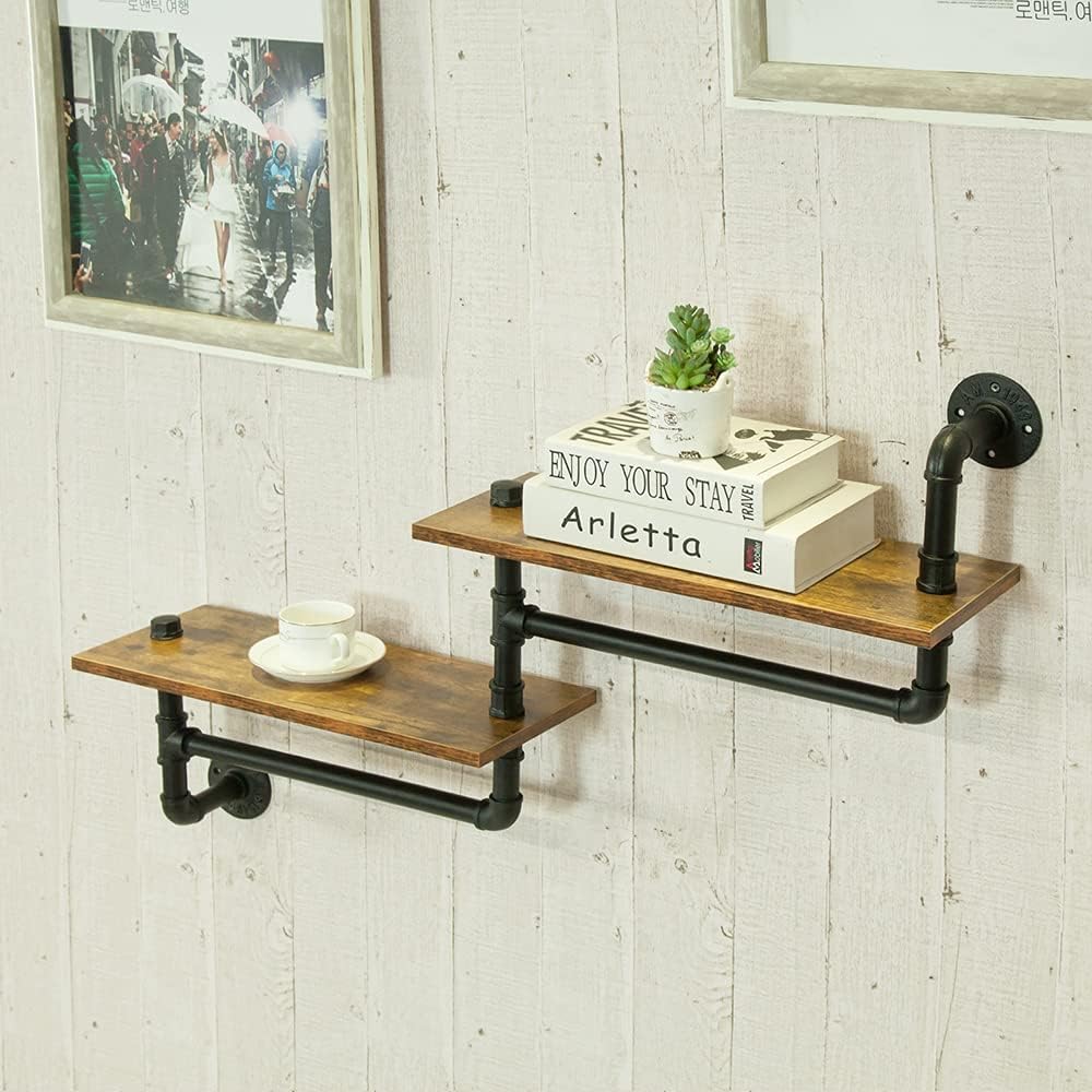 Rustic 2 Tier Wall Mounted Metal Shelves with Towel Bars F619