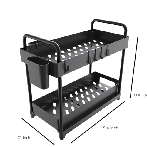 2 Pack Black 2 Tier Sliding Under Sink Shelf with 4 Hooks and Cup Slot I171