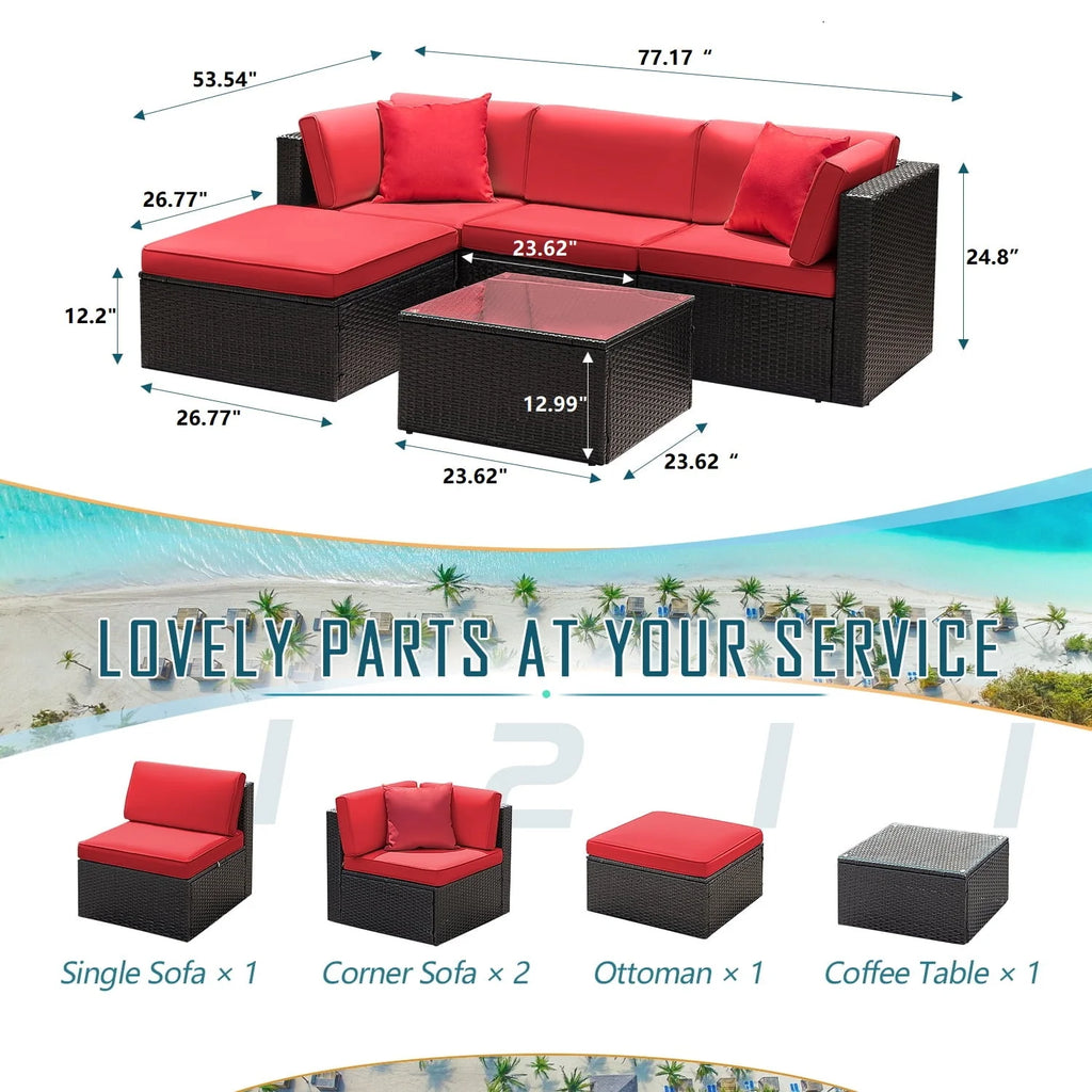 5 Pieces PE Rattan Wicker Patio Sectional Set with Table K327236