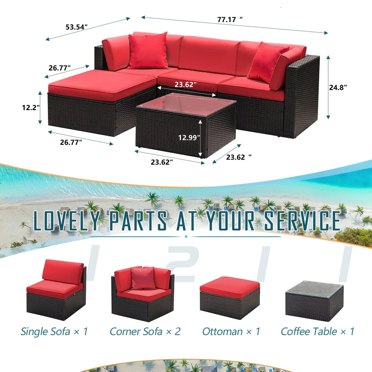 5 Pieces PE Rattan Wicker Patio Sectional Set with Table K327236