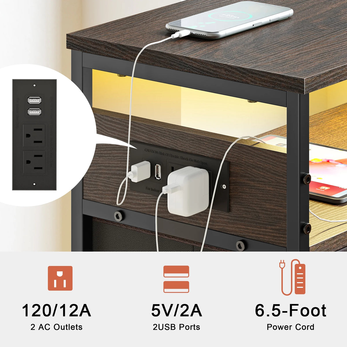 Brown 4 Drawer Nightstand with Charging Station and Led Lights V170125