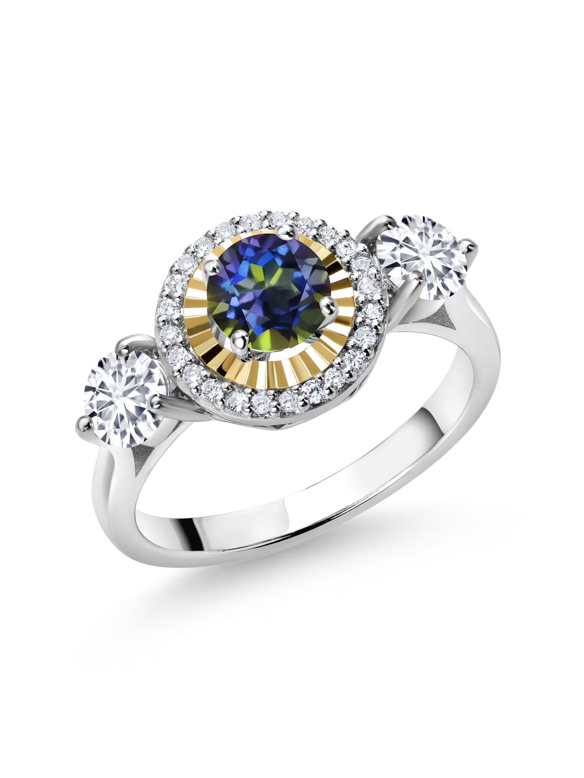 1.16 Ct Blue Mystic Topaz 925 Silver 10K Yellow Gold 3 Stone Engagement Ring E596887