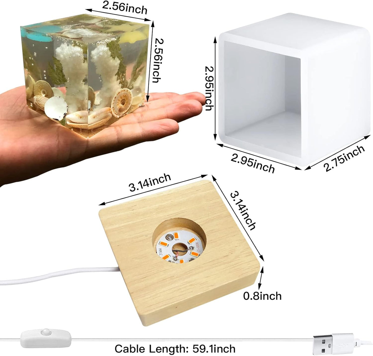 Large Cube LED Silicone Molds with USB Powered Wooden Lighted Base H12078