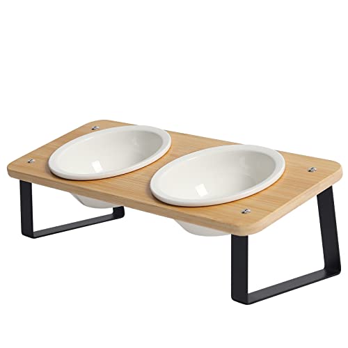 Ceramic Cat Bowl with Stand 15° Tilted Raised Cat Bowl Bamboo Cat Feeding Station X248674