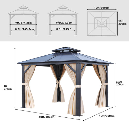 10x10ft Double Roof Polycarbonate Hardtop Gazebo with Netting and Curtains F130