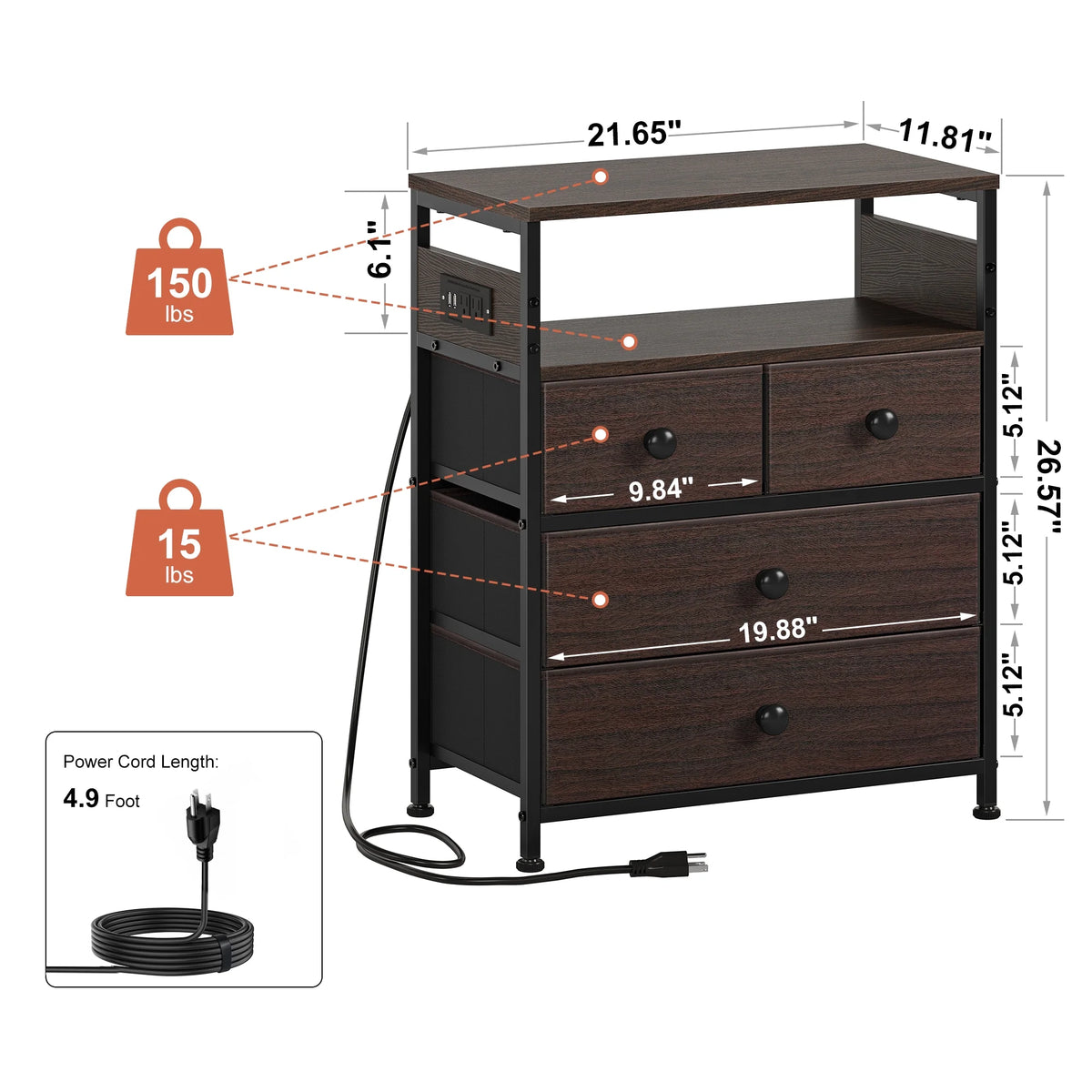 Brown 4 Drawer Nightstand with Charging Station and Led Lights V170125