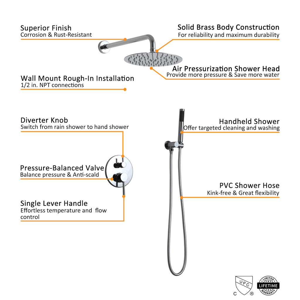 Chrome Wall Mounted Rain Shower Faucet Set with Hand Shower D40601