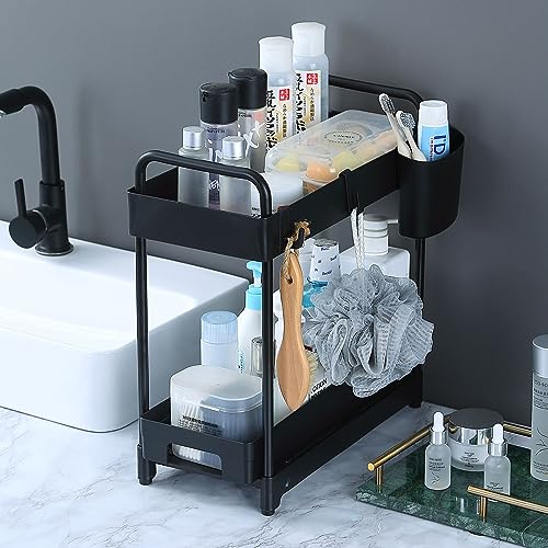 2 Pack Black 2 Tier Sliding Under Sink Shelf with 4 Hooks and Cup Slot I171