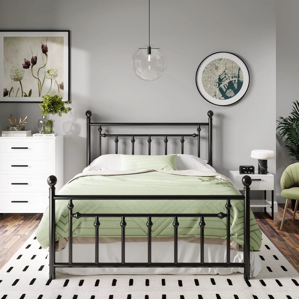 Full Size Black Iron Bed Frame with Headboard and Footboard P5807