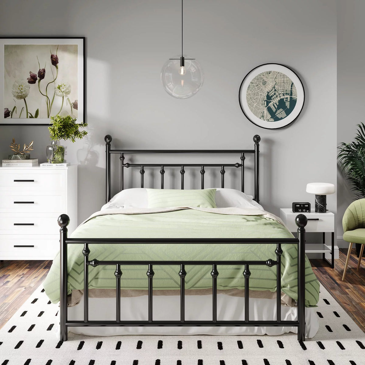 Full Size Black Iron Bed Frame with Headboard and Footboard P5807
