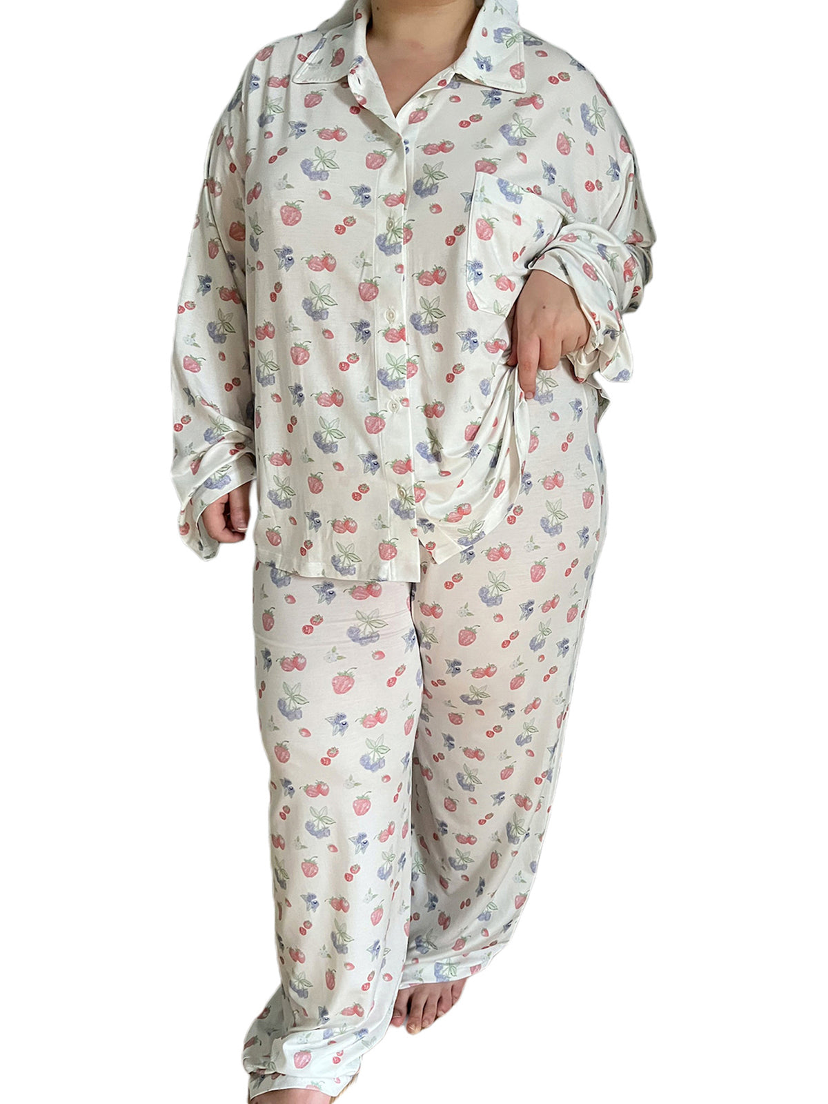 Women 2 Piece Floral Pajamas Lounge Set Long Sleeve Shirt Wide Leg Pants J3290