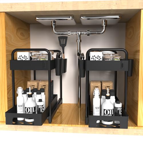 2 Pack Black 2 Tier Sliding Under Sink Shelf with 4 Hooks and Cup Slot I171