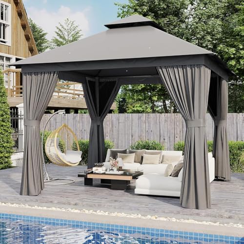 10x12 Metal Gazebo with Mosquito Netting and Privacy Screen I65359