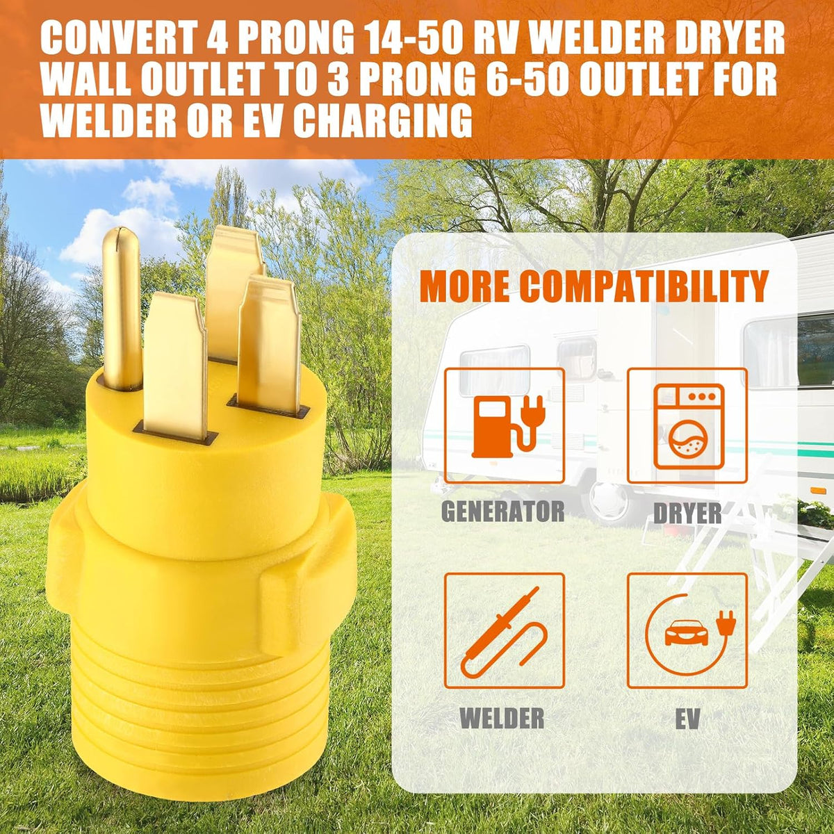 Welder Adapter, NEMA 14-50P Male to 6-50R Female, 50 Amp 4 Prong to 3 Prong N3816