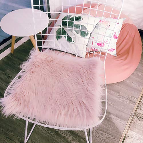 Pink Faux Fur Sheepskin Chair Cover 2 PCs Seat Cushion Pad Area Rugs (1.6ft x 1.6ft) F109