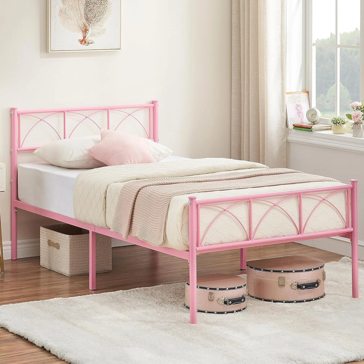 Pink Twin Metal Platform Bed Frame with Headboard and Footboard R9315