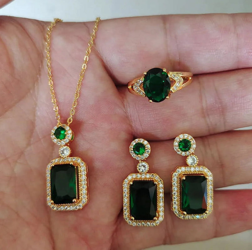3Pcs/Set Iced Out Cubic Zirconia Green Gemstone Ring Necklace Earrings Gold Plated Jewelry Sets P467293