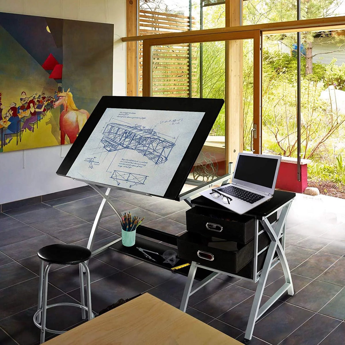 Adjustable Drafting Desk with Stool and 3 Slide Drawers Y88645