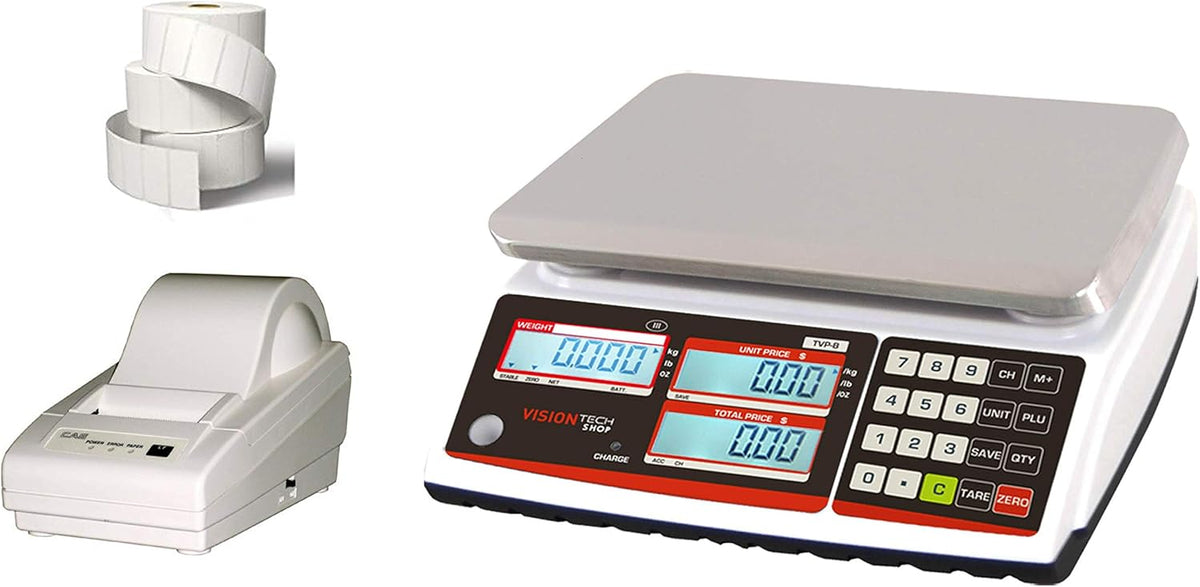 Price Computing Scale with Pole Display, 12lb Capacity, 0.002lb Readability, Thermal Label Printer, 1 Case of Labels A1119