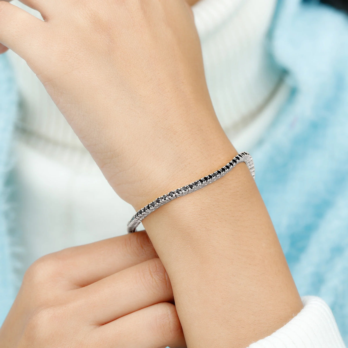 Black Diamond Tennis Bracelet, 925 Sterling Silver, 7.0 inches H5723