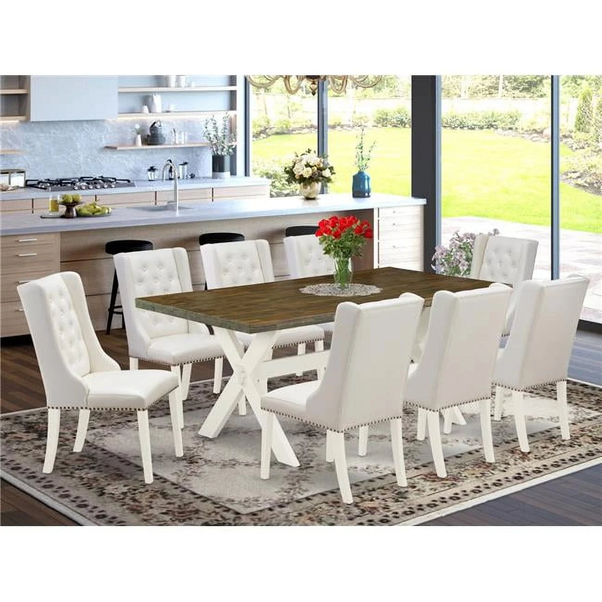 9 Piece Linen White Dining Room Set F34846