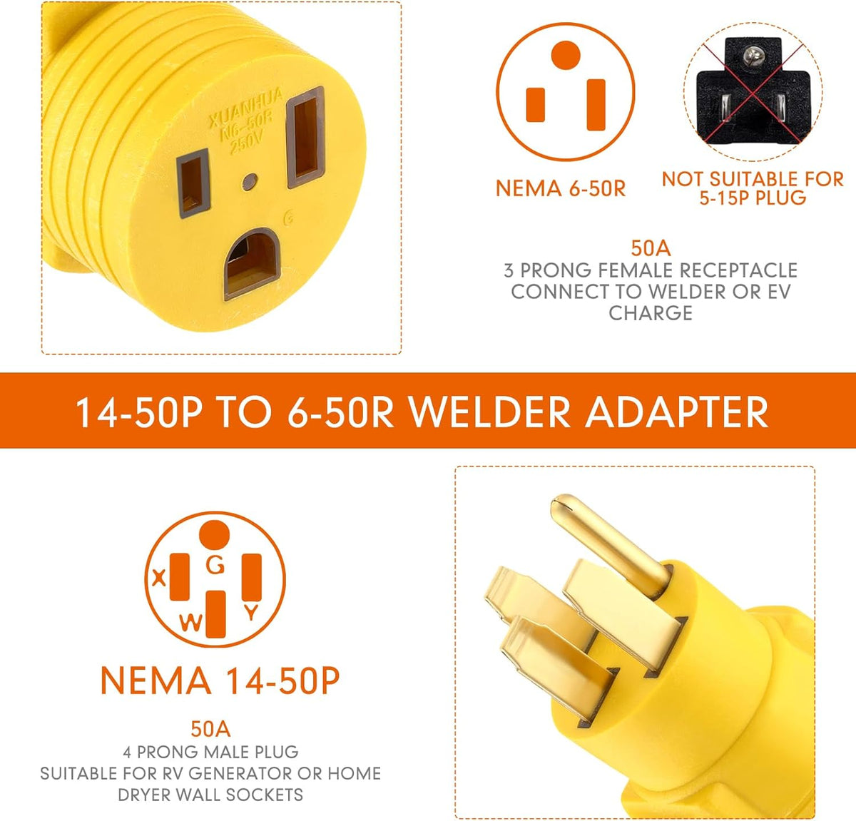 Welder Adapter, NEMA 14-50P Male to 6-50R Female, 50 Amp 4 Prong to 3 Prong N3816