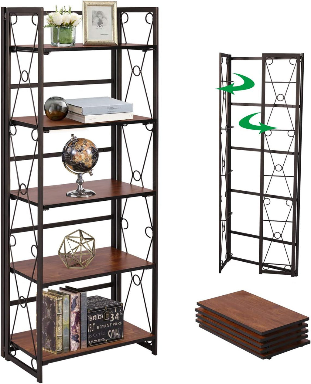 5 Shelf Folding Metal Bookshelf, Set of 2, Dark Brown N512355