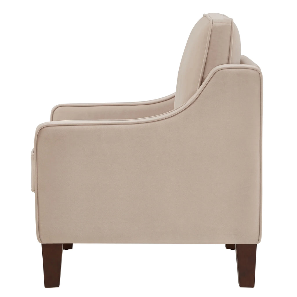 Taupe Velvet Upholstered Armchair with Wooden Legs P3574