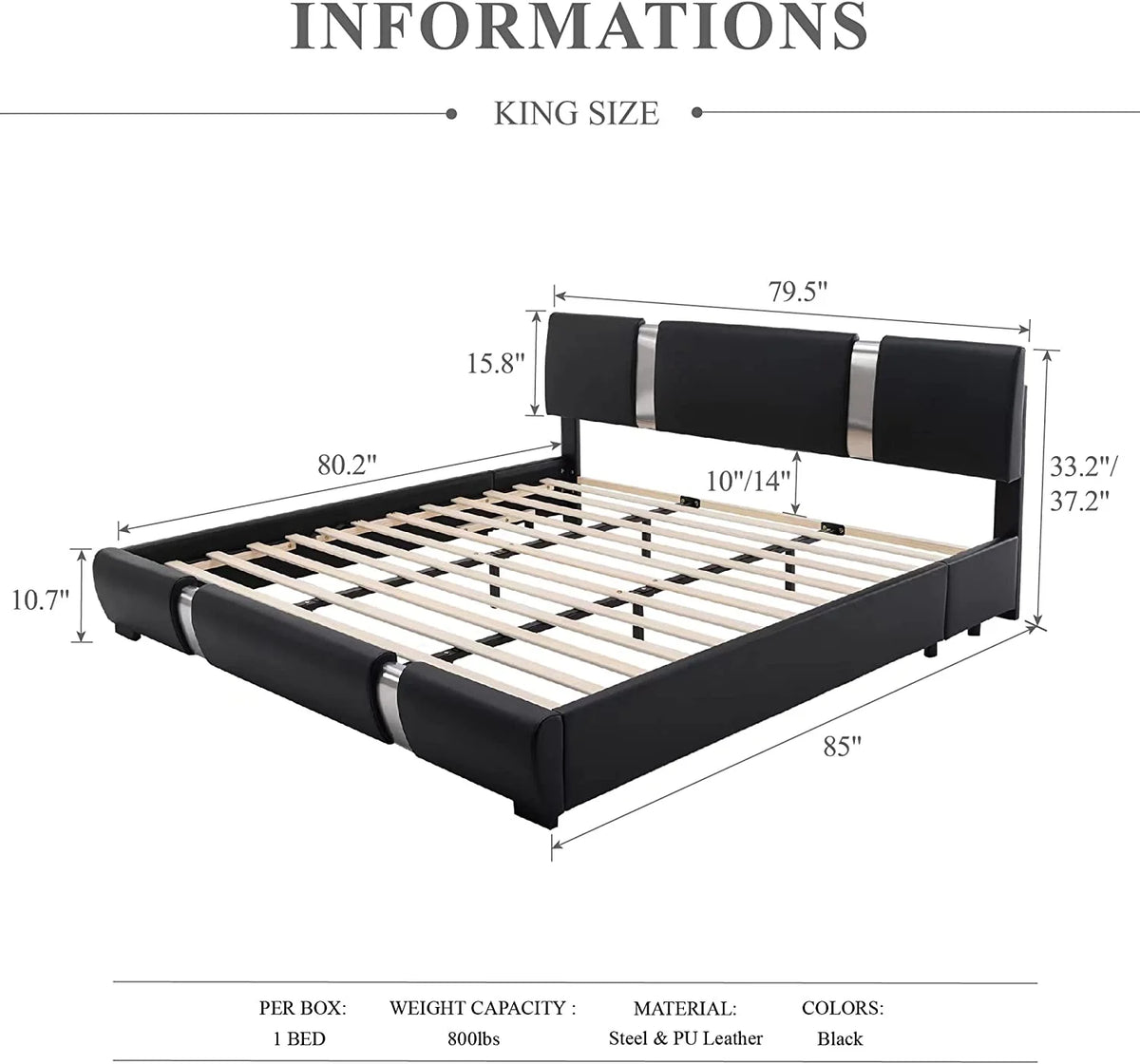 King Size Bed Frame with Adjustable Headboard Black D313