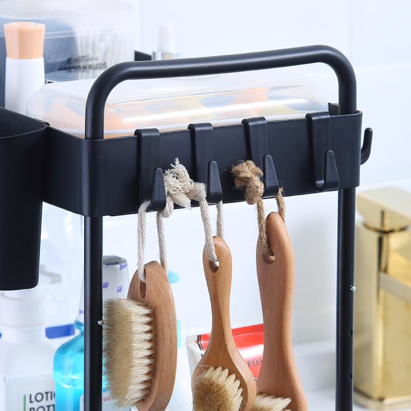 2 Pack Black 2 Tier Sliding Under Sink Shelf with 4 Hooks and Cup Slot I171