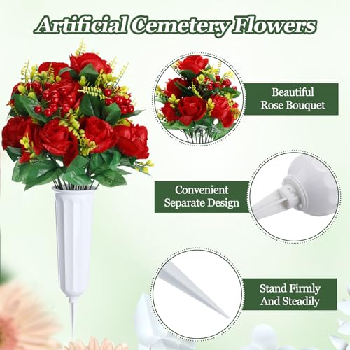 8 Bunches Silk Artificial Rose Bouquet with Grave Vase (White, Red) I2282