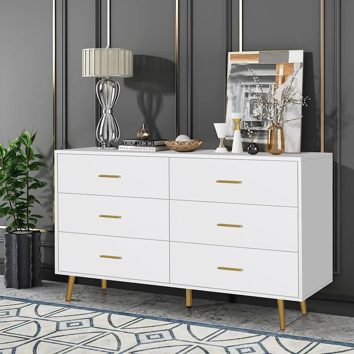 Wood 6 Drawer Dresser with Metal Handles U334607