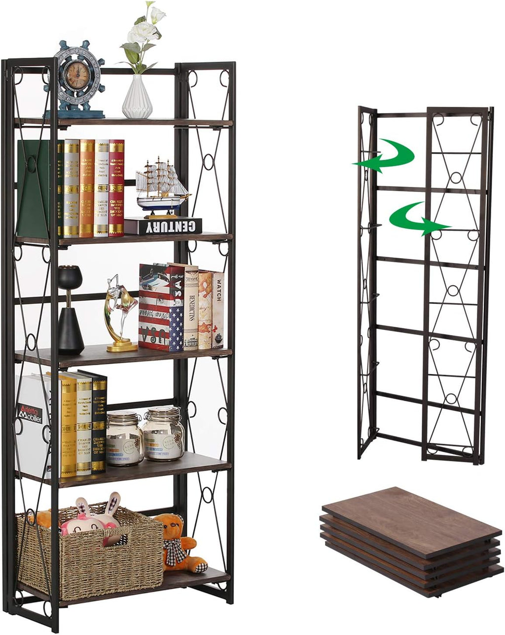 5 Shelf Folding Metal Bookshelf, Set of 2, Dark Brown N512355