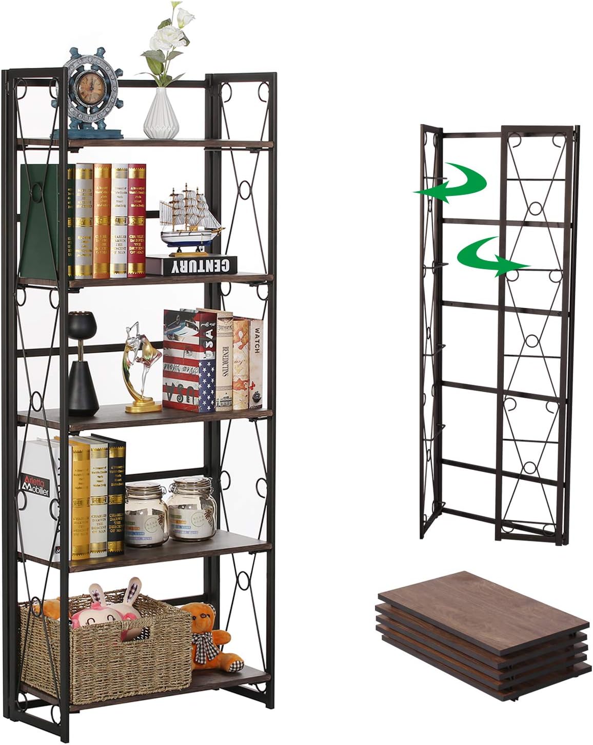 5 Shelf Folding Metal Bookshelf, Set of 2, Dark Brown N512355