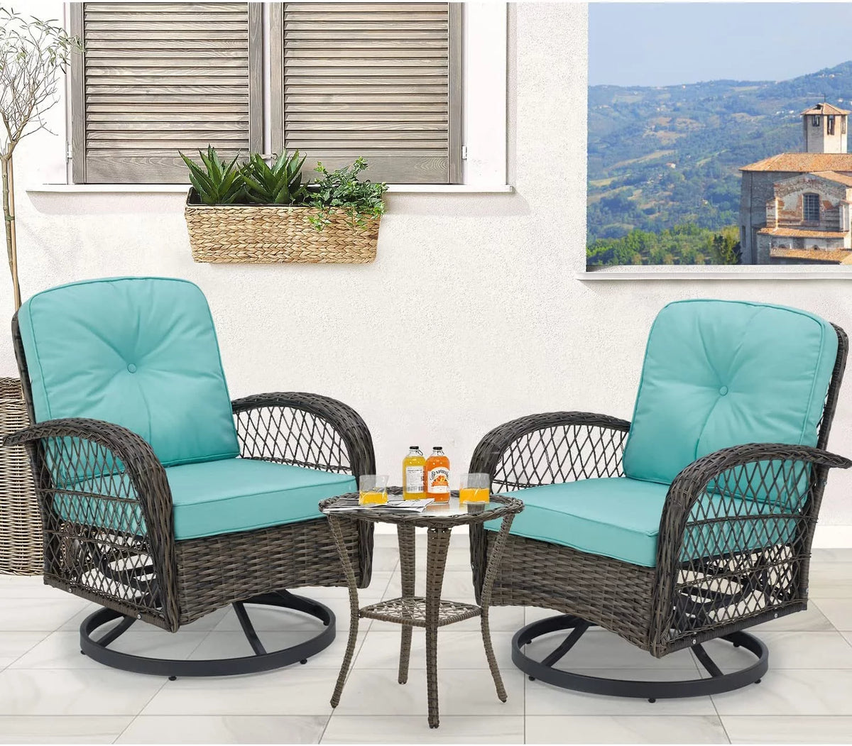 Outdoor Swivel Glider Wicker Patio Bistro Set with Cushions and Glass Table X12836