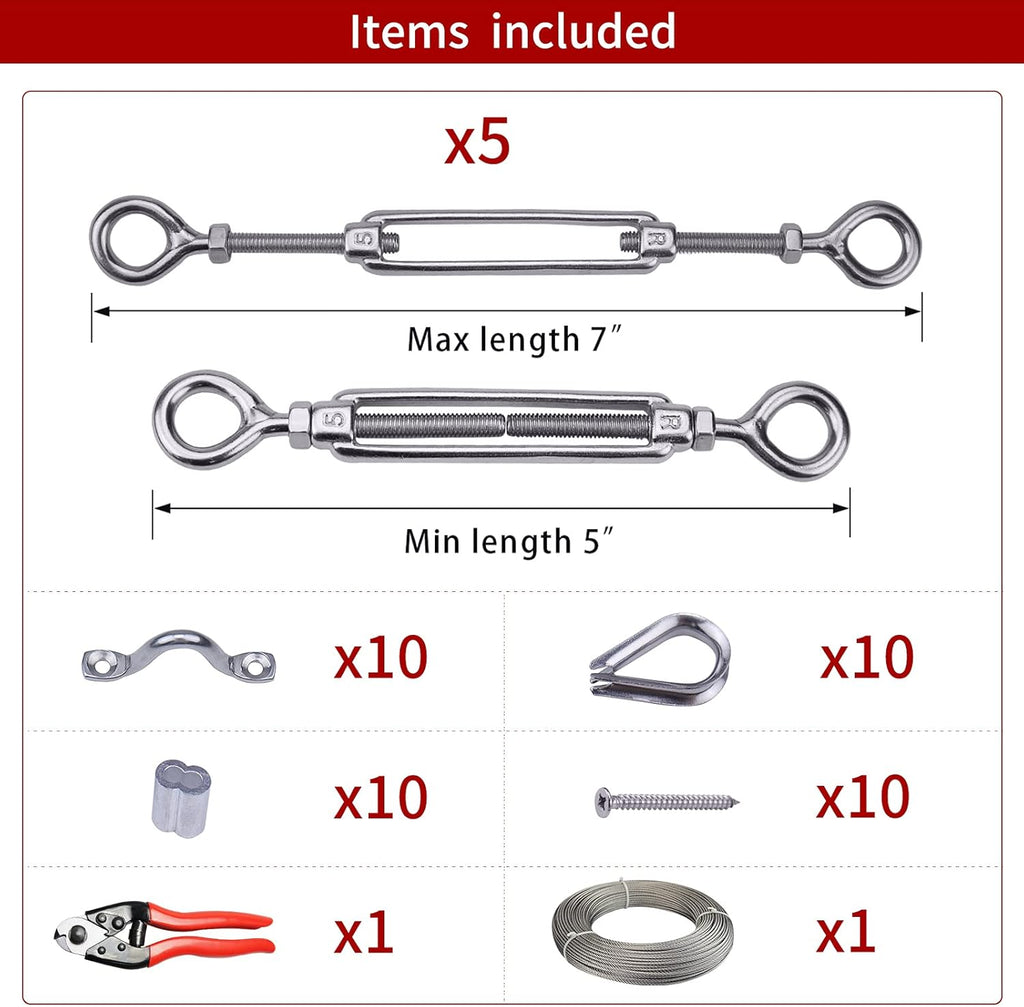 5Set 1/8 Cable Railing Kit Hardware Turnbuckle M5 Eye to Eye and 165' Wire Rope for Wood Post Stainless Steel Angle Adjustable 5 Cable Lines Z813