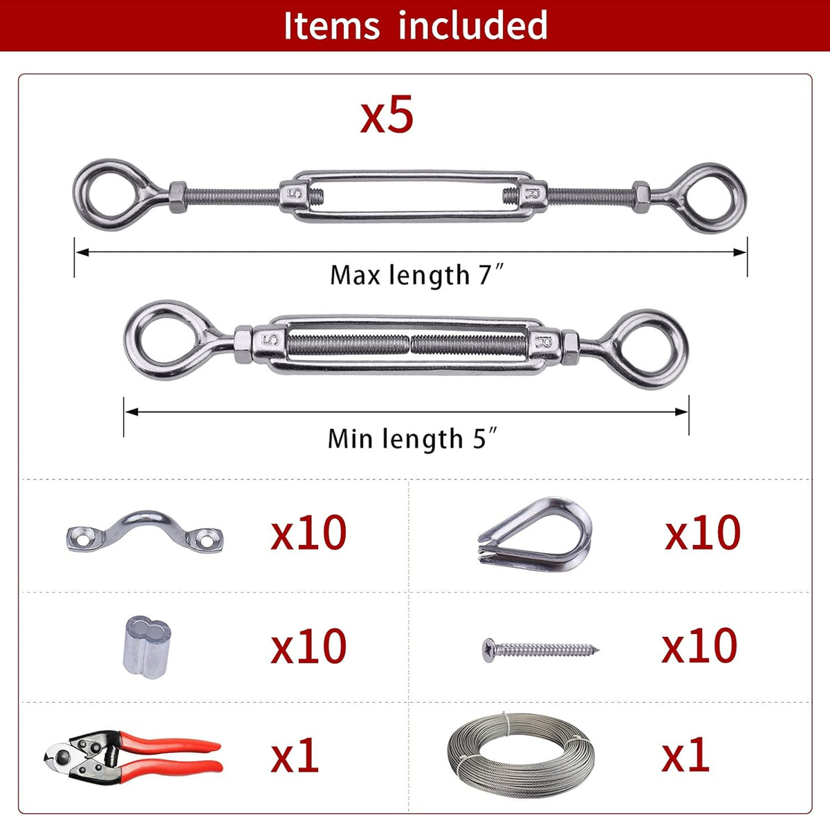 5Set 1/8 Cable Railing Kit Hardware Turnbuckle M5 Eye to Eye and 165' Wire Rope for Wood Post Stainless Steel Angle Adjustable 5 Cable Lines Z813