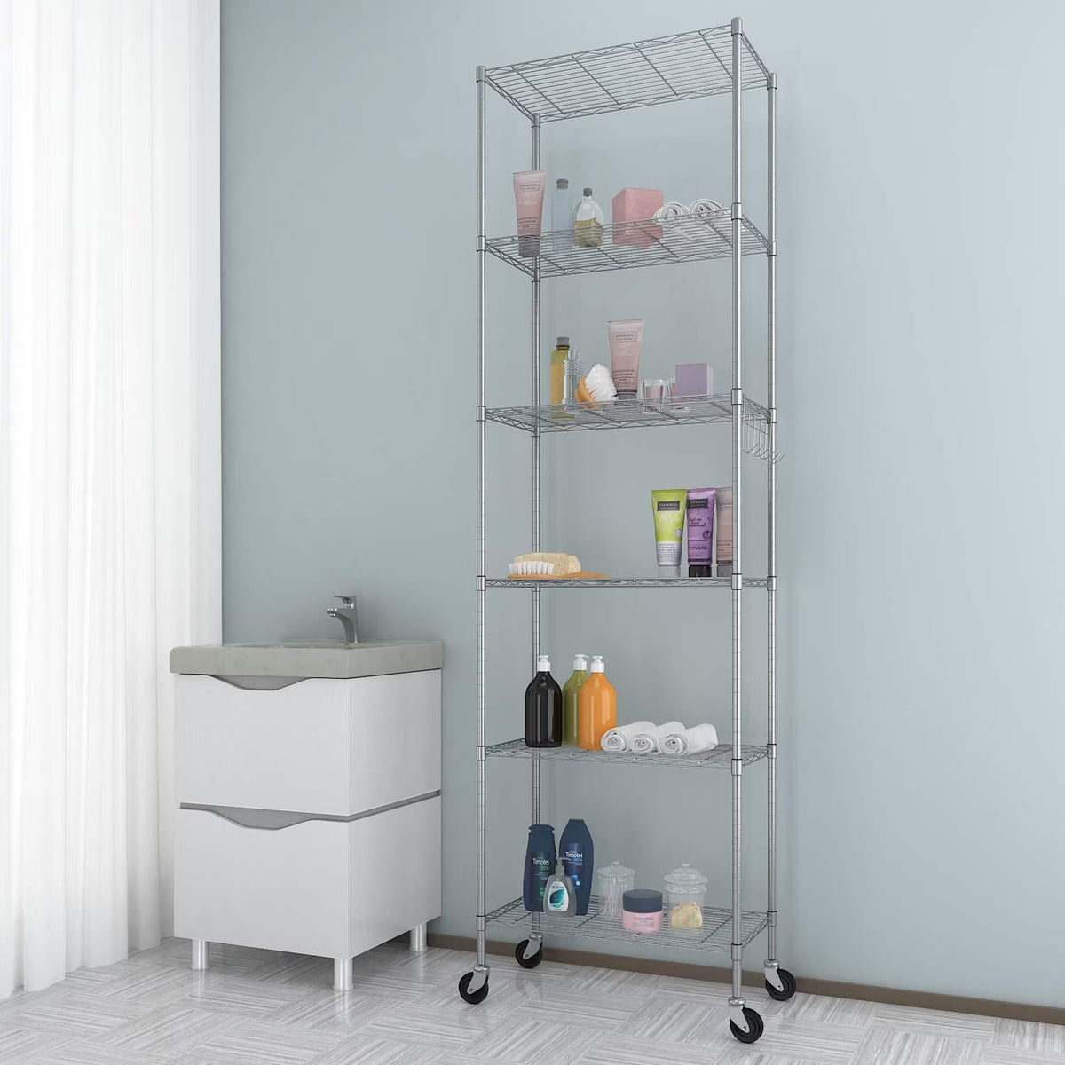 6 Shelves Wire Metal Heavy Duty Shelving Rack with Wheel, Silver Z688811
