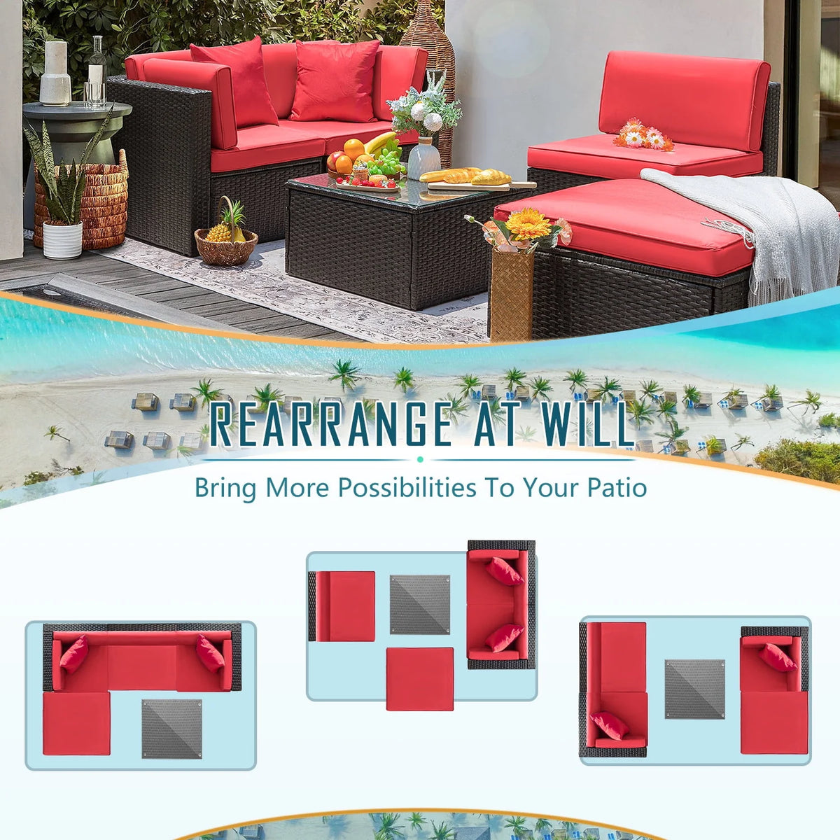 5 Pieces PE Rattan Wicker Patio Sectional Set with Table K327236