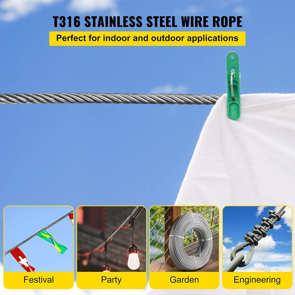 Stainless Steel 1/8"x 100ft Wire Rope 316 Marine Grade Braided Aircraft Cable D94285