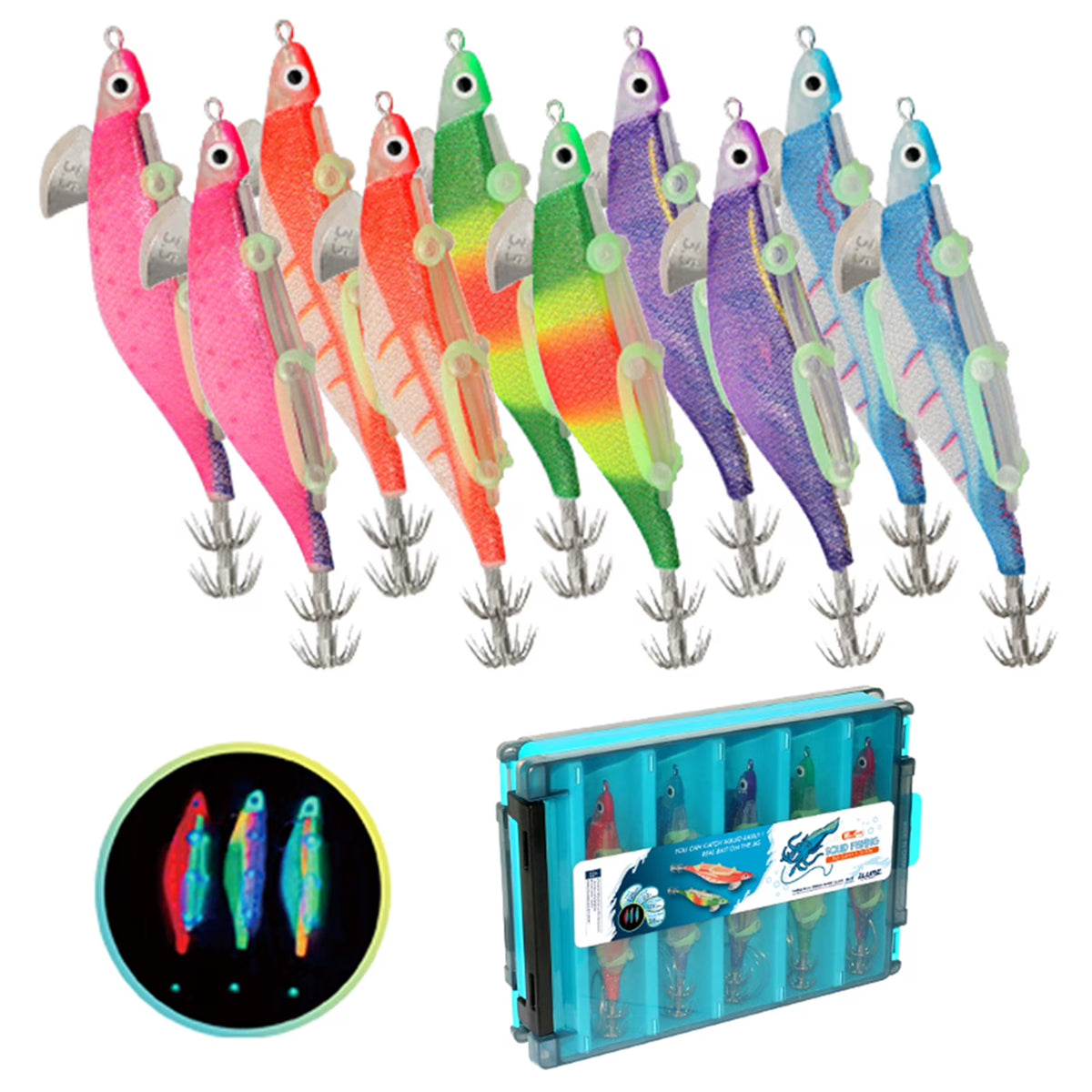 10pcs Fishing Luminous Shrimp Lure Hard Artificial Bait Wood with Squid Hooks T702168